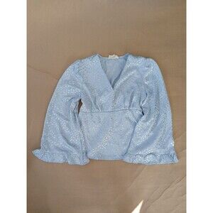 Wishing Waves Blouse Top Shirt Womens L Ice Blue Bell Sleeve Ruffles